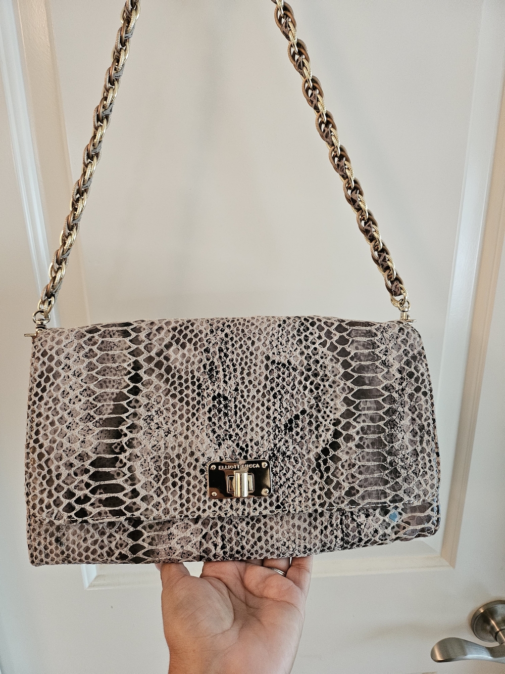 NEW Elliott Lucca Gray Snake Embossed Shoulder Bag with Gold Chain